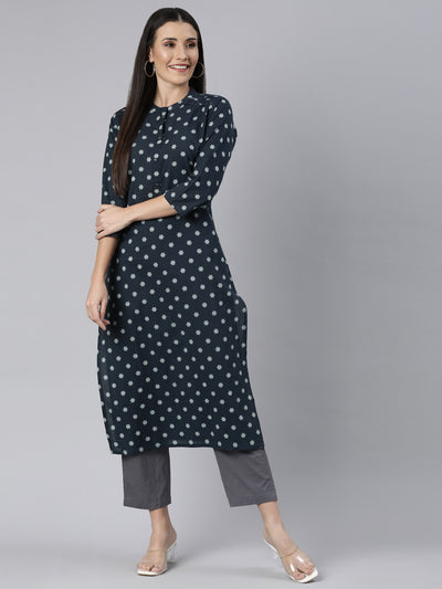 Neerus Blue Panelled Straight Floral Kurtas