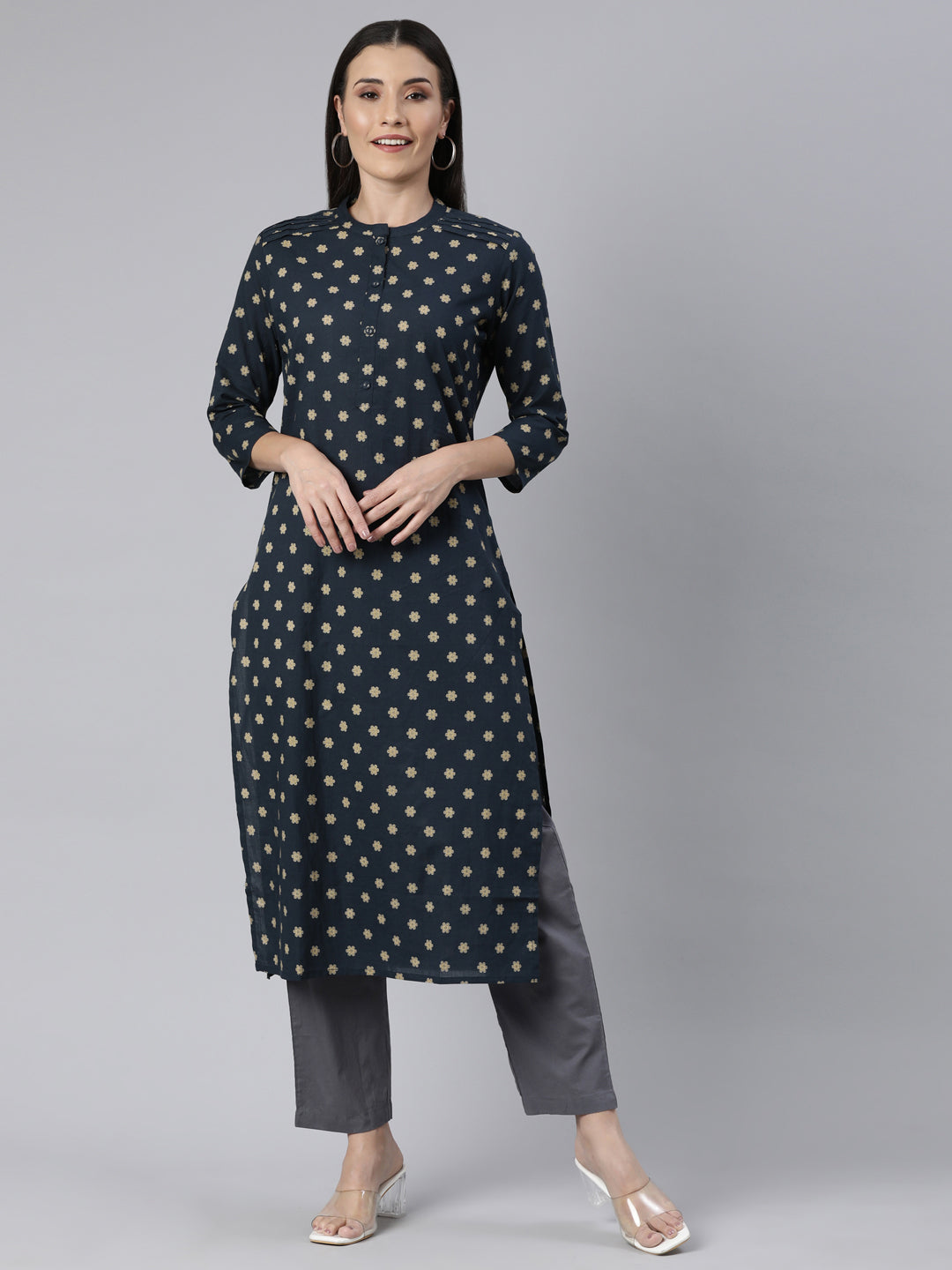 Neerus Yellow Panelled Straight Floral Kurtas