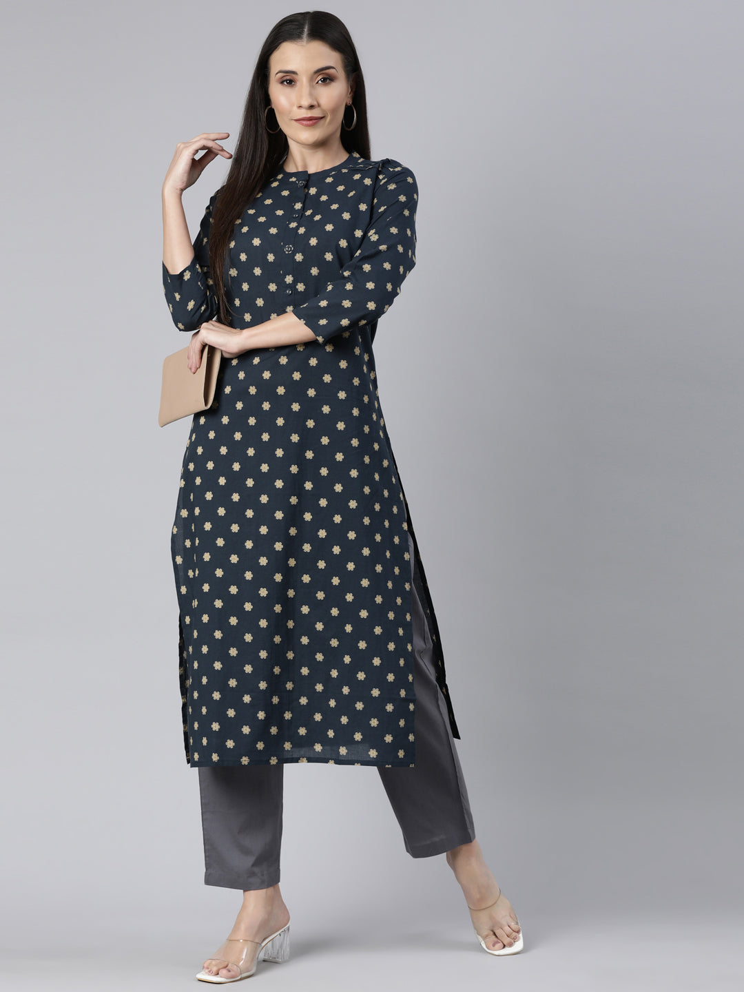 Neerus Yellow Panelled Straight Floral Kurtas