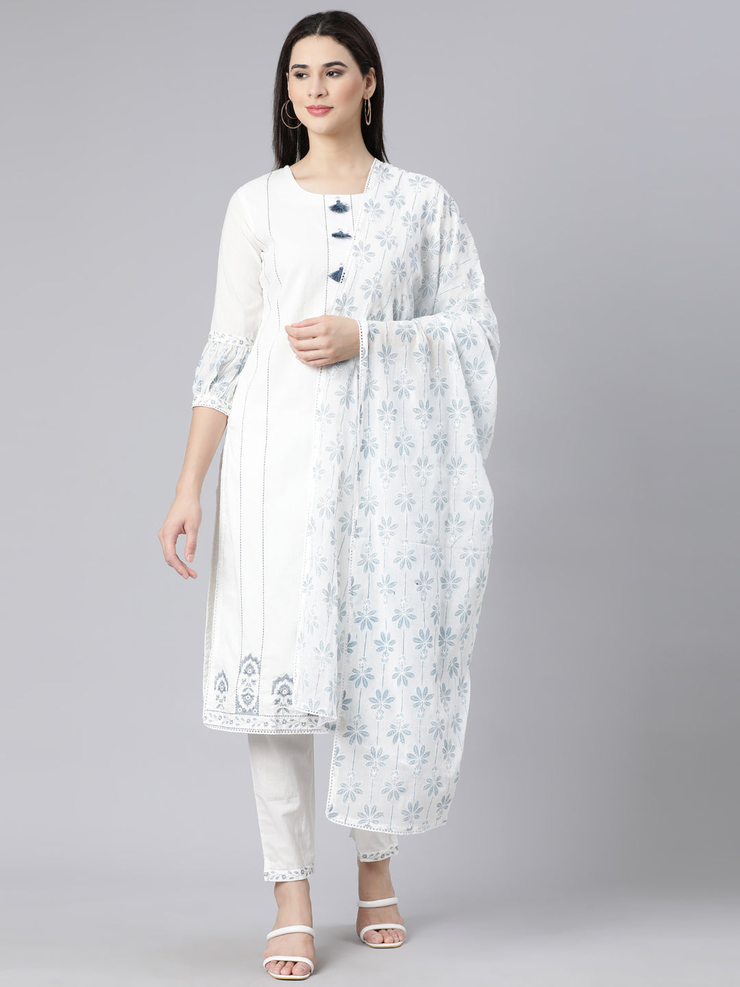 Neerus Blue Panelled Straight Printed Kurta And Trousers With Dupatta