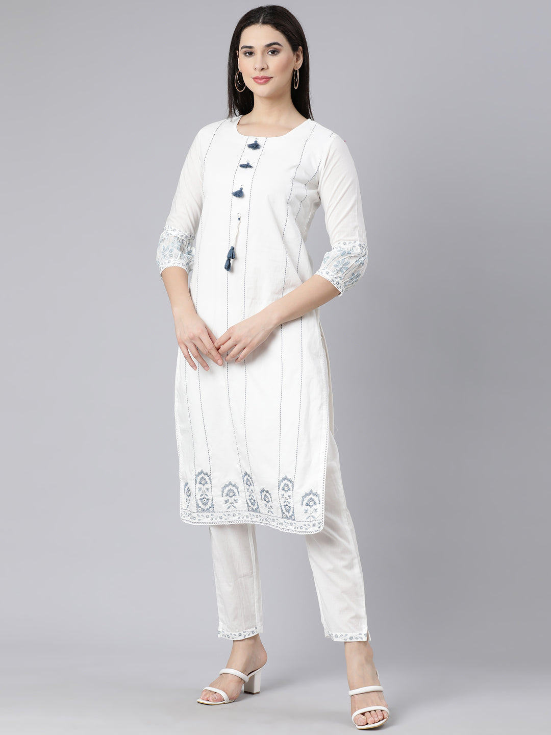 Neerus Blue Panelled Straight Printed Kurta And Trousers With Dupatta