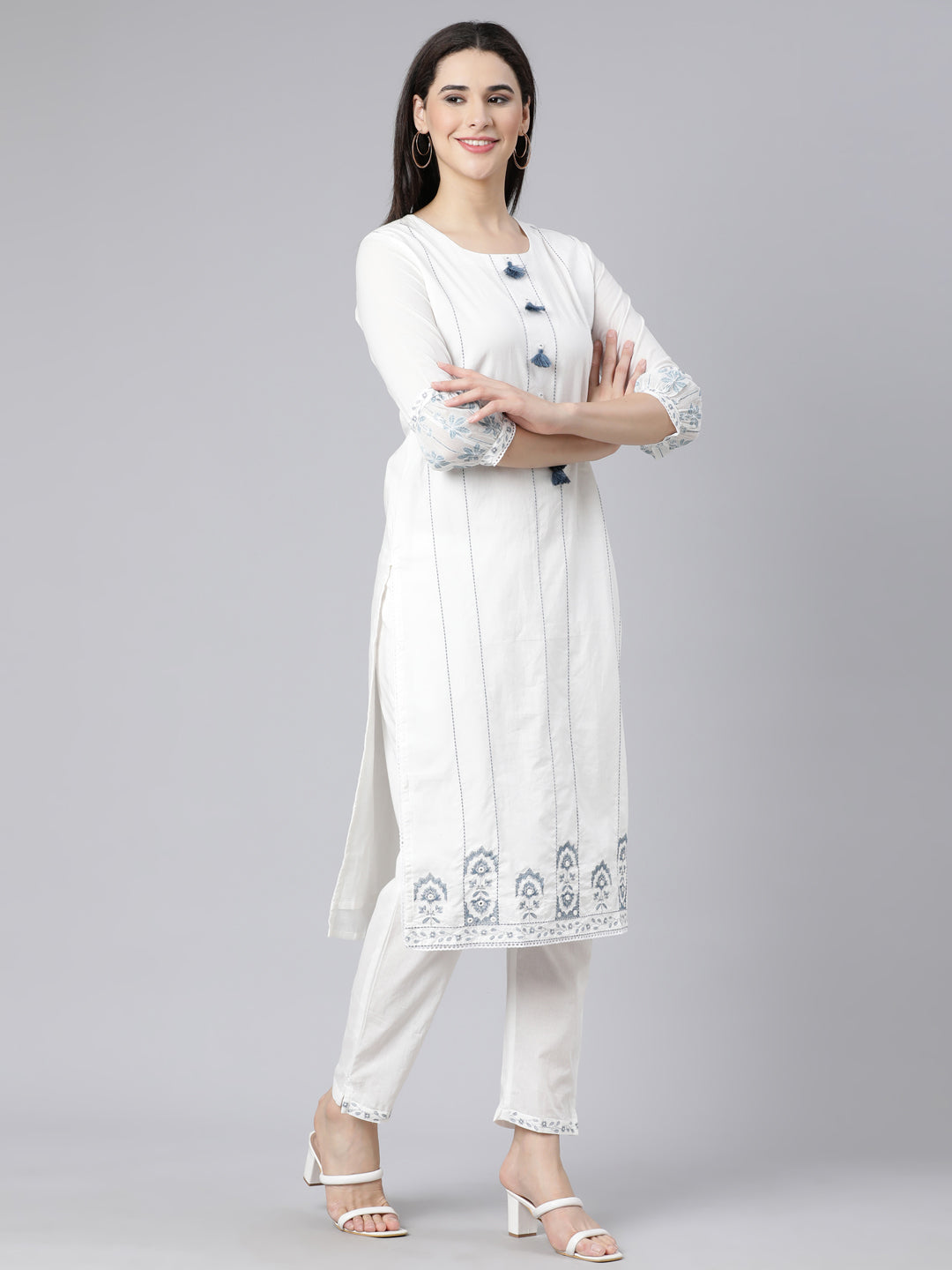 Neerus Blue Panelled Straight Printed Kurta And Trousers With Dupatta