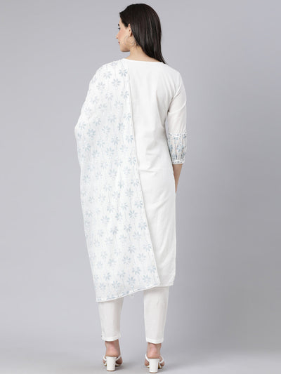 Neerus Blue Panelled Straight Printed Kurta And Trousers With Dupatta