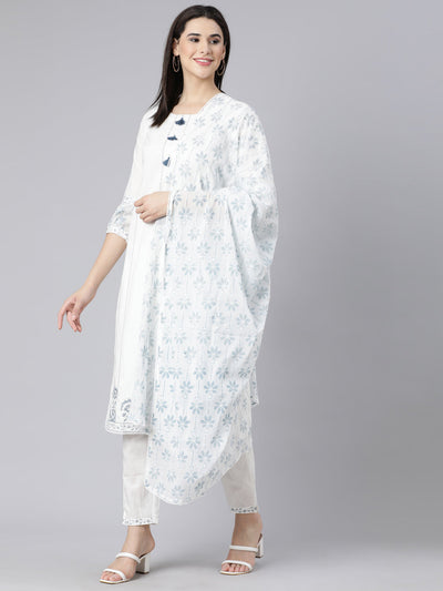 Neerus Blue Panelled Straight Printed Kurta And Trousers With Dupatta