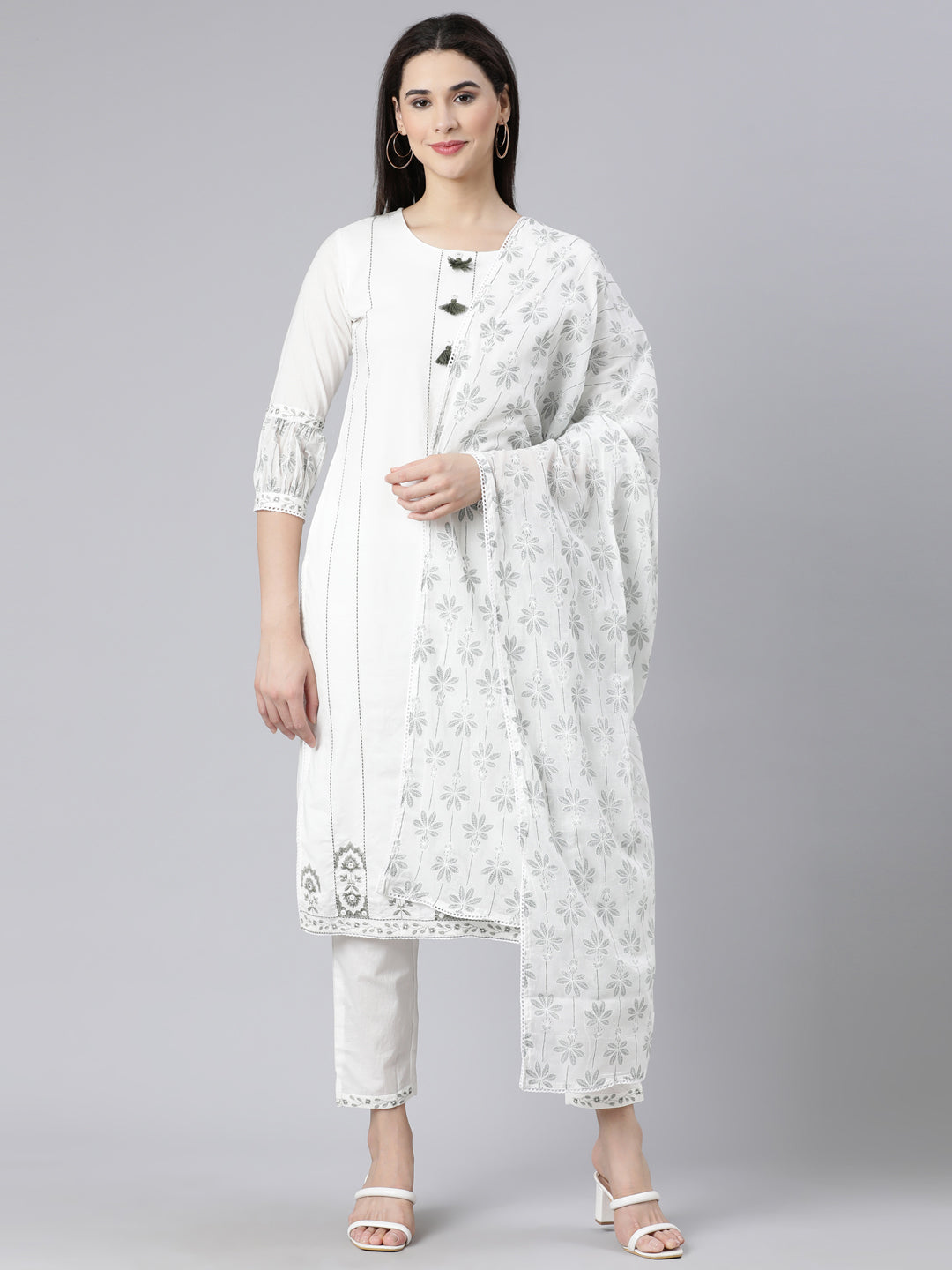 Neerus Olive Panelled Straight Printed Kurta And Trousers With Dupatta