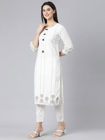 Neerus Olive Panelled Straight Printed Kurta And Trousers With Dupatta