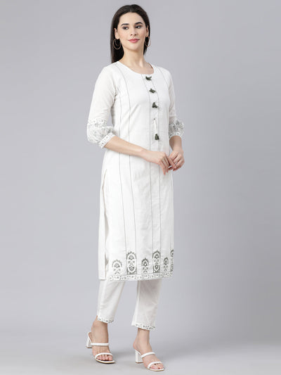 Neerus Olive Panelled Straight Printed Kurta And Trousers With Dupatta