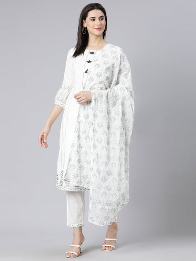 Neerus Olive Panelled Straight Printed Kurta And Trousers With Dupatta