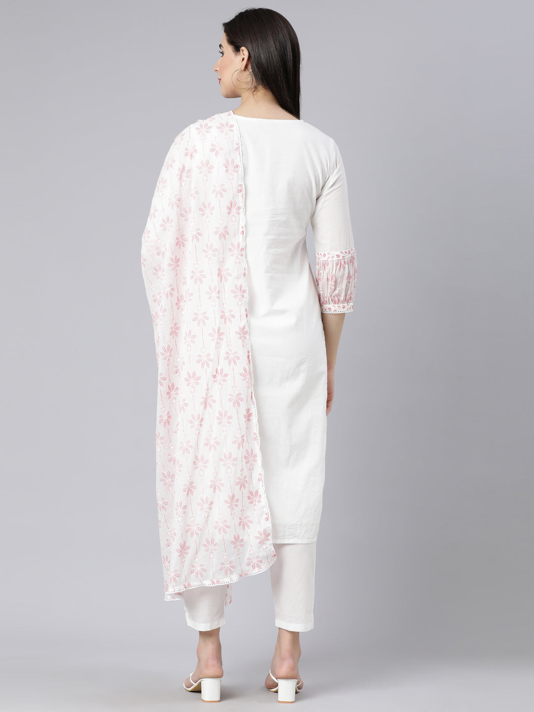 Neerus Red Panelled Straight Printed Kurta And Trousers With Dupatta