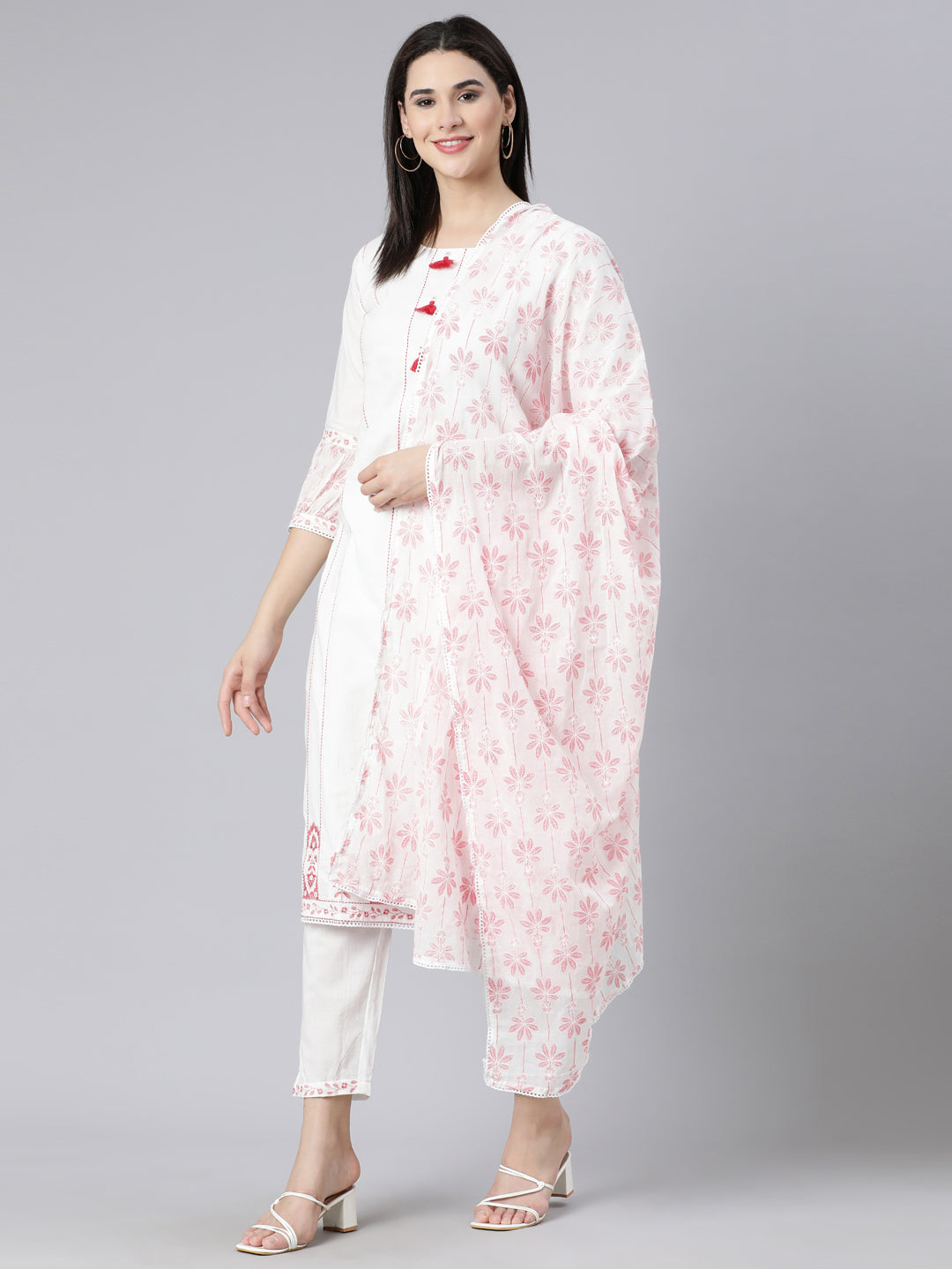 Neerus Red Panelled Straight Printed Kurta And Trousers With Dupatta