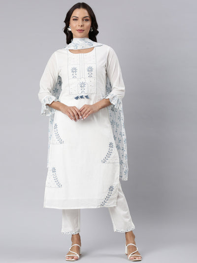 Neerus Blue Panelled Straight Printed Kurta And Trousers With Dupatta