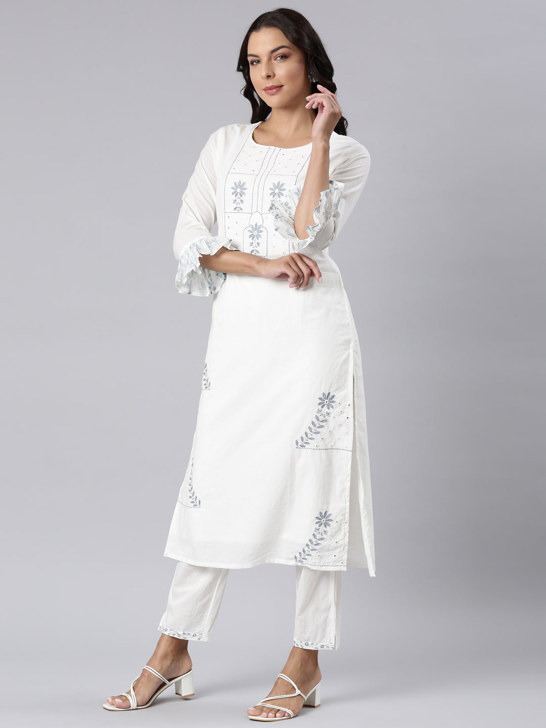 Neerus Blue Panelled Straight Printed Kurta And Trousers With Dupatta