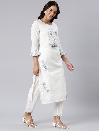 Neerus Blue Panelled Straight Printed Kurta And Trousers With Dupatta