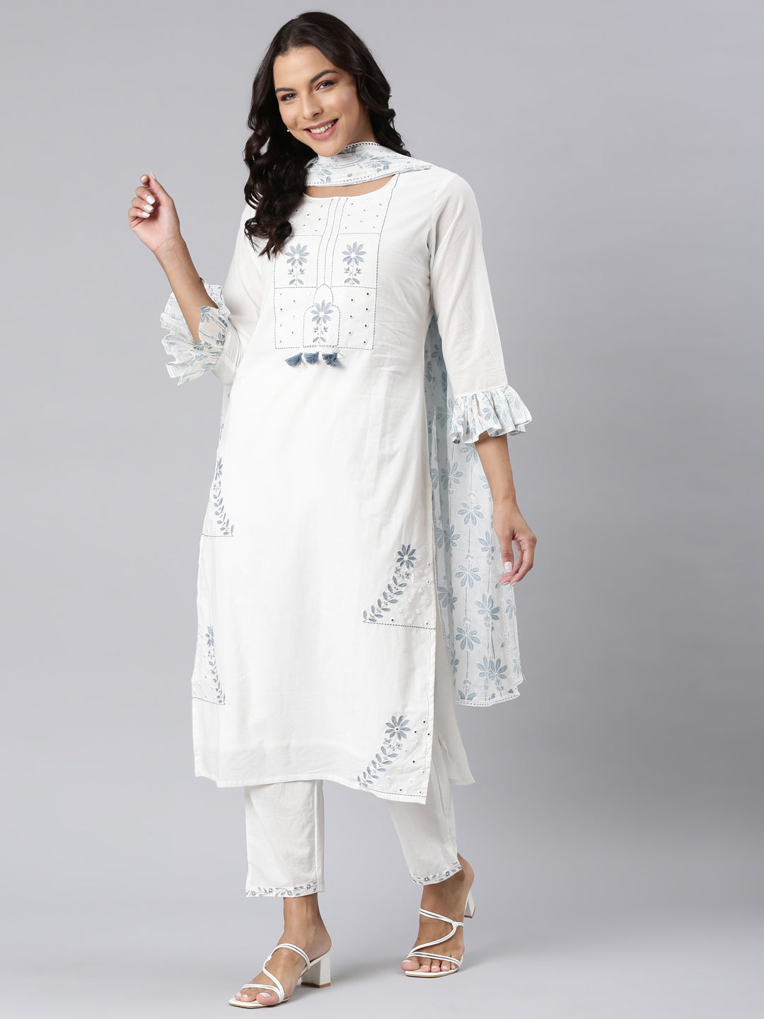 Neerus Blue Panelled Straight Printed Kurta And Trousers With Dupatta