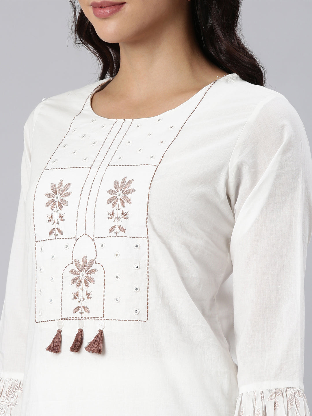 Neerus Brown Panelled Straight Printed Kurta And Trousers With Dupatta