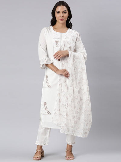 Neerus Brown Panelled Straight Printed Kurta And Trousers With Dupatta