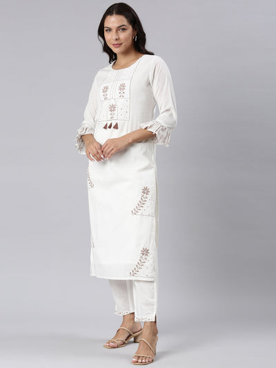 Neerus Brown Panelled Straight Printed Kurta And Trousers With Dupatta