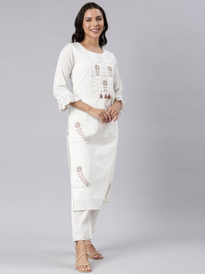 Neerus Brown Panelled Straight Printed Kurta And Trousers With Dupatta