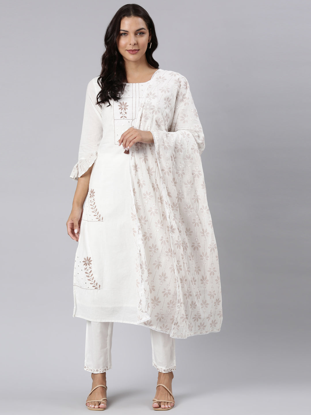 Neerus Brown Panelled Straight Printed Kurta And Trousers With Dupatta