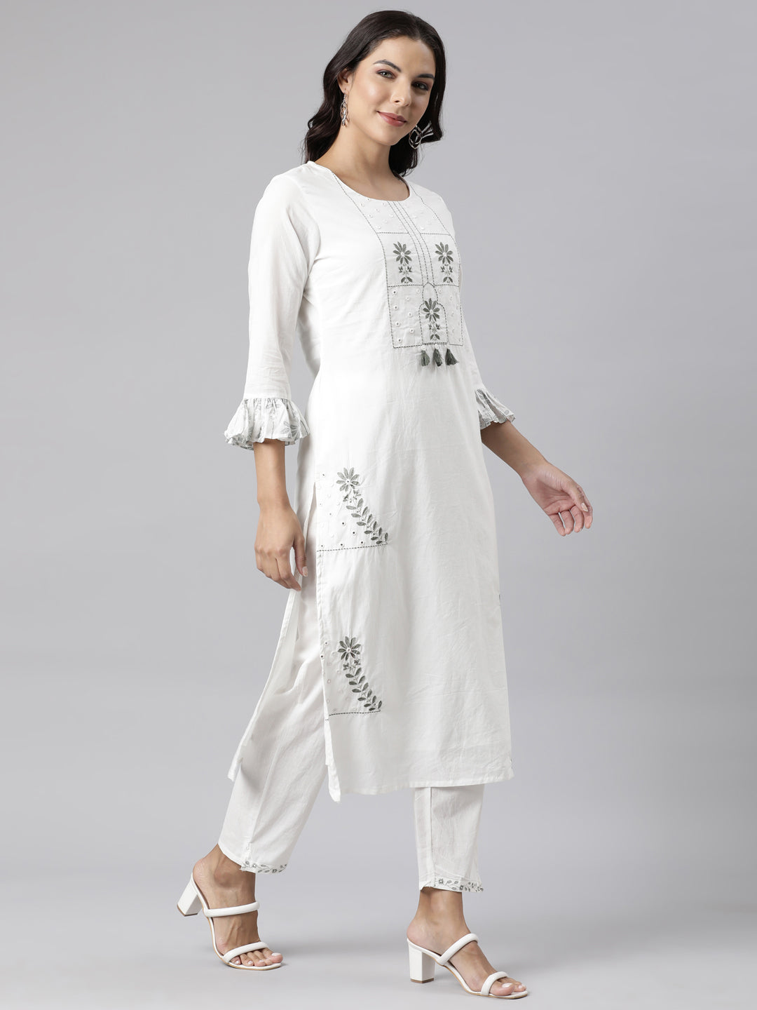 Neerus Olive Panelled Straight Printed Kurta And Trousers With Dupatta