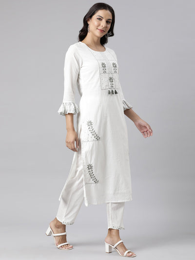 Neerus Olive Panelled Straight Printed Kurta And Trousers With Dupatta