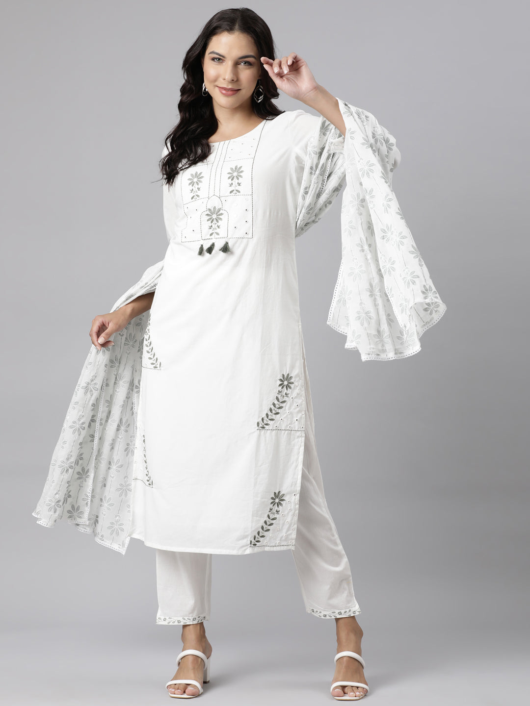 Neerus Olive Panelled Straight Printed Kurta And Trousers With Dupatta