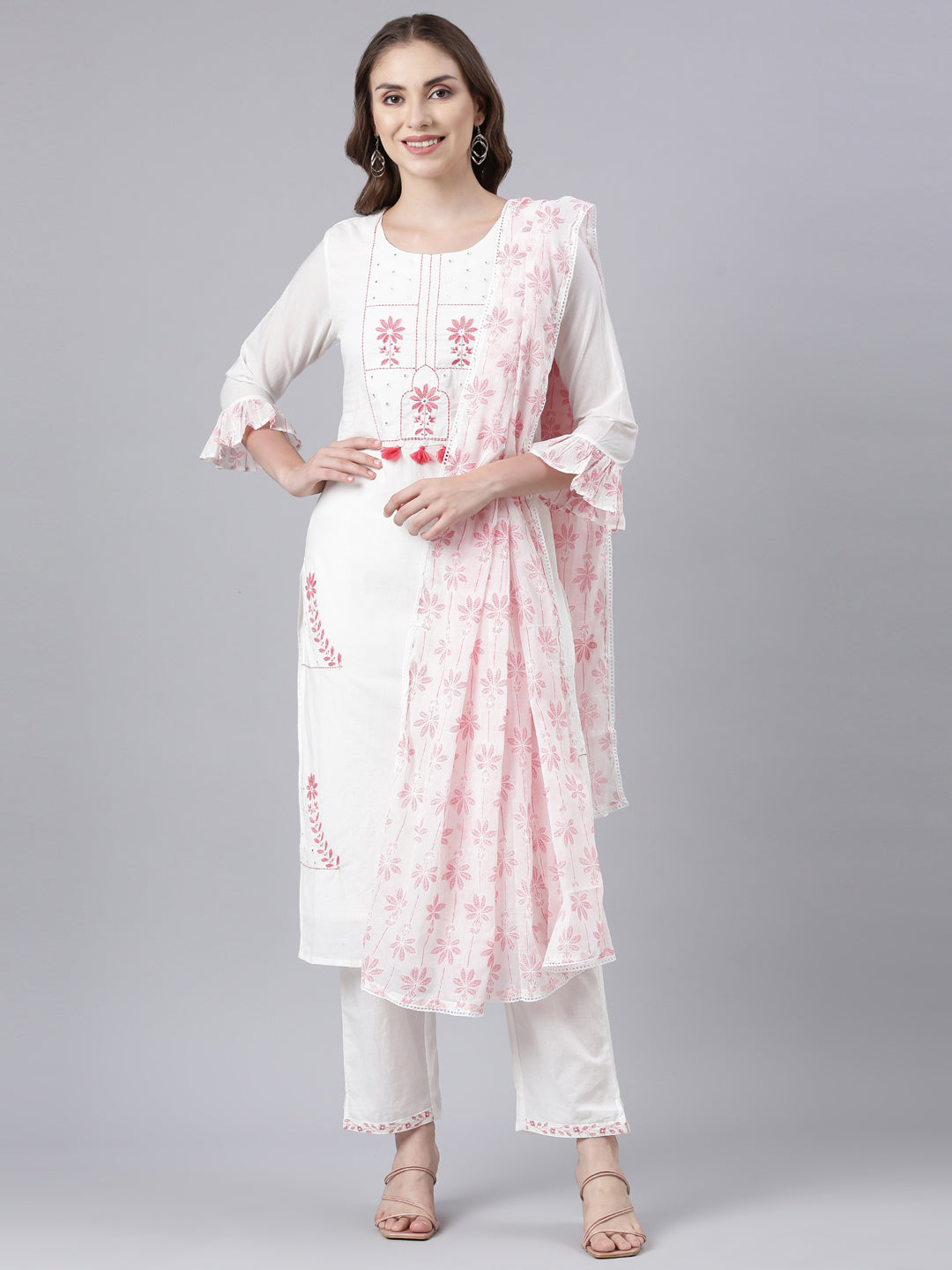 Neerus Pink Panelled Straight Printed Kurta And Trousers With Dupatta