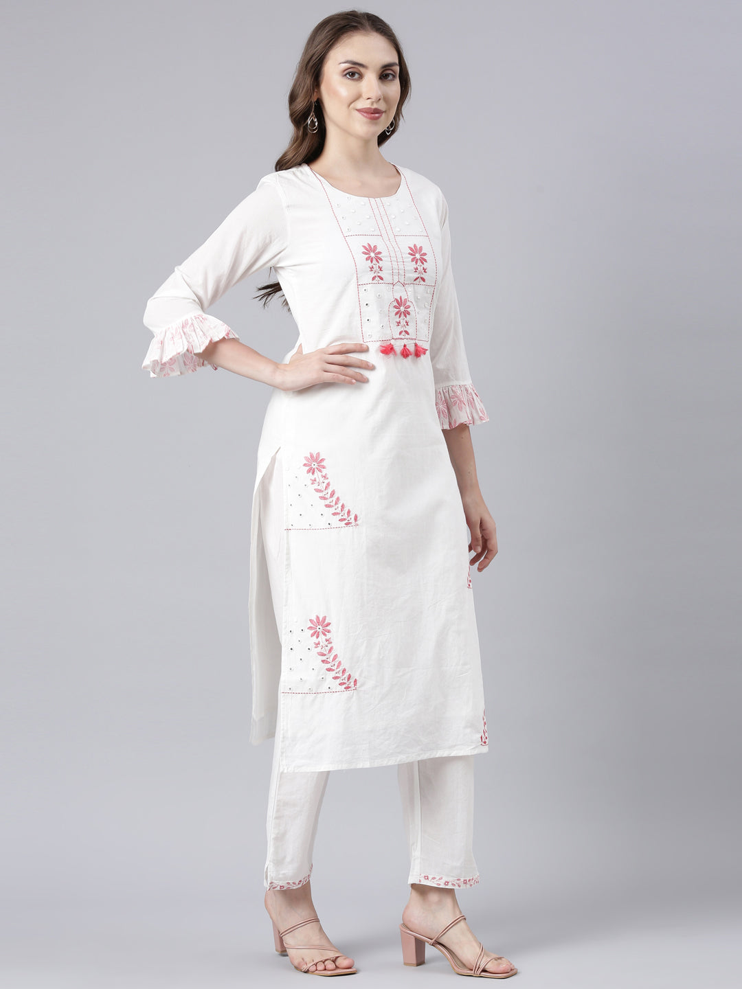 Neerus Pink Panelled Straight Printed Kurta And Trousers With Dupatta