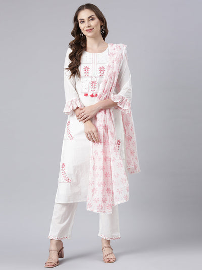 Neerus Pink Panelled Straight Printed Kurta And Trousers With Dupatta