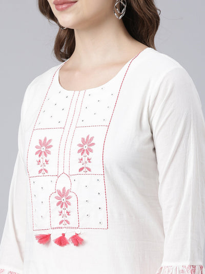 Neerus Pink Panelled Straight Printed Kurta And Trousers With Dupatta