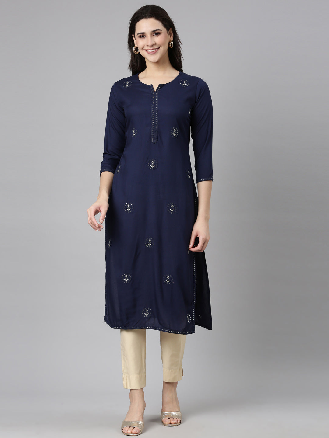 Neerus Navy Blue Regular Straight Floral Kurtas