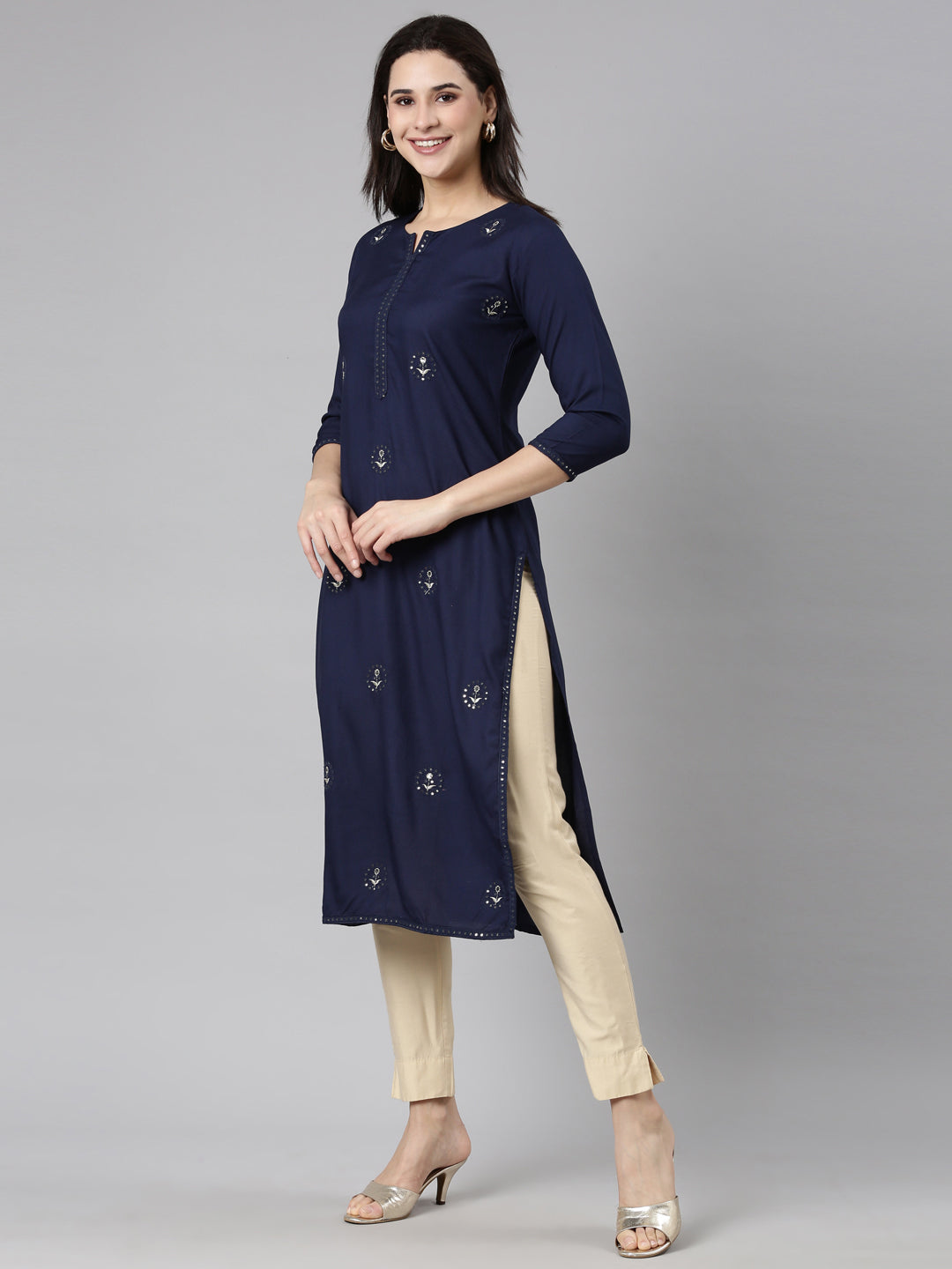 Neerus Navy Blue Regular Straight Floral Kurtas