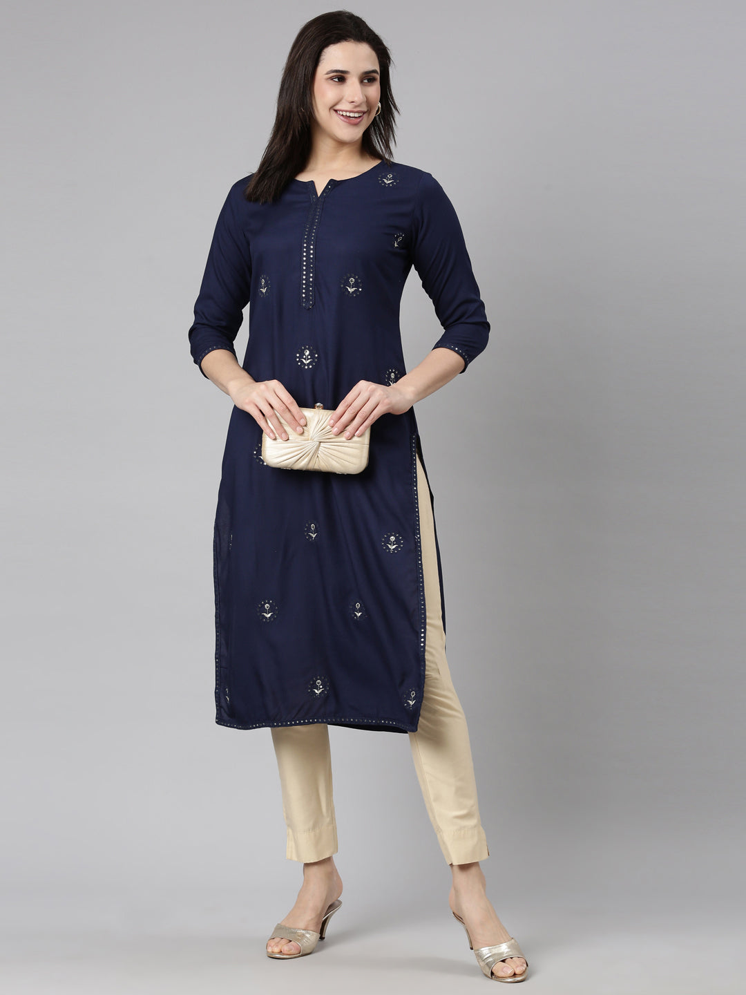 Neerus Navy Blue Regular Straight Floral Kurtas