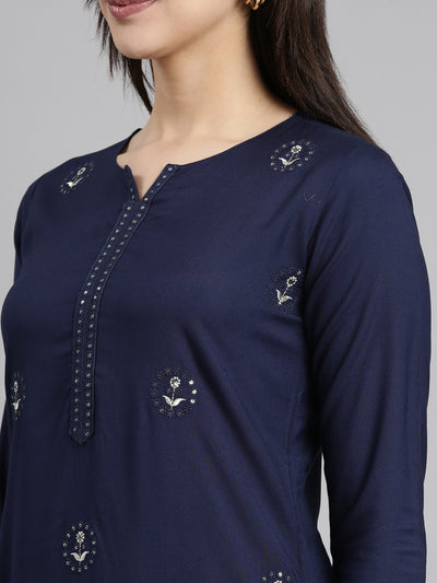 Neerus Navy Blue Regular Straight Floral Kurtas