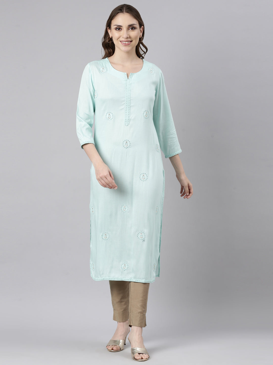 Neerus Sea Green Regular Straight Floral Kurtas