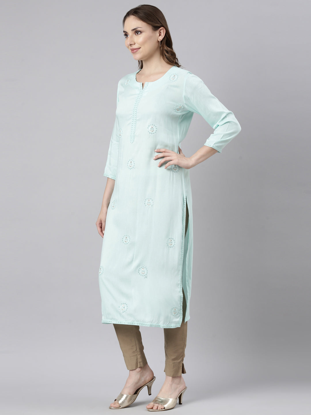 Neerus Sea Green Regular Straight Floral Kurtas