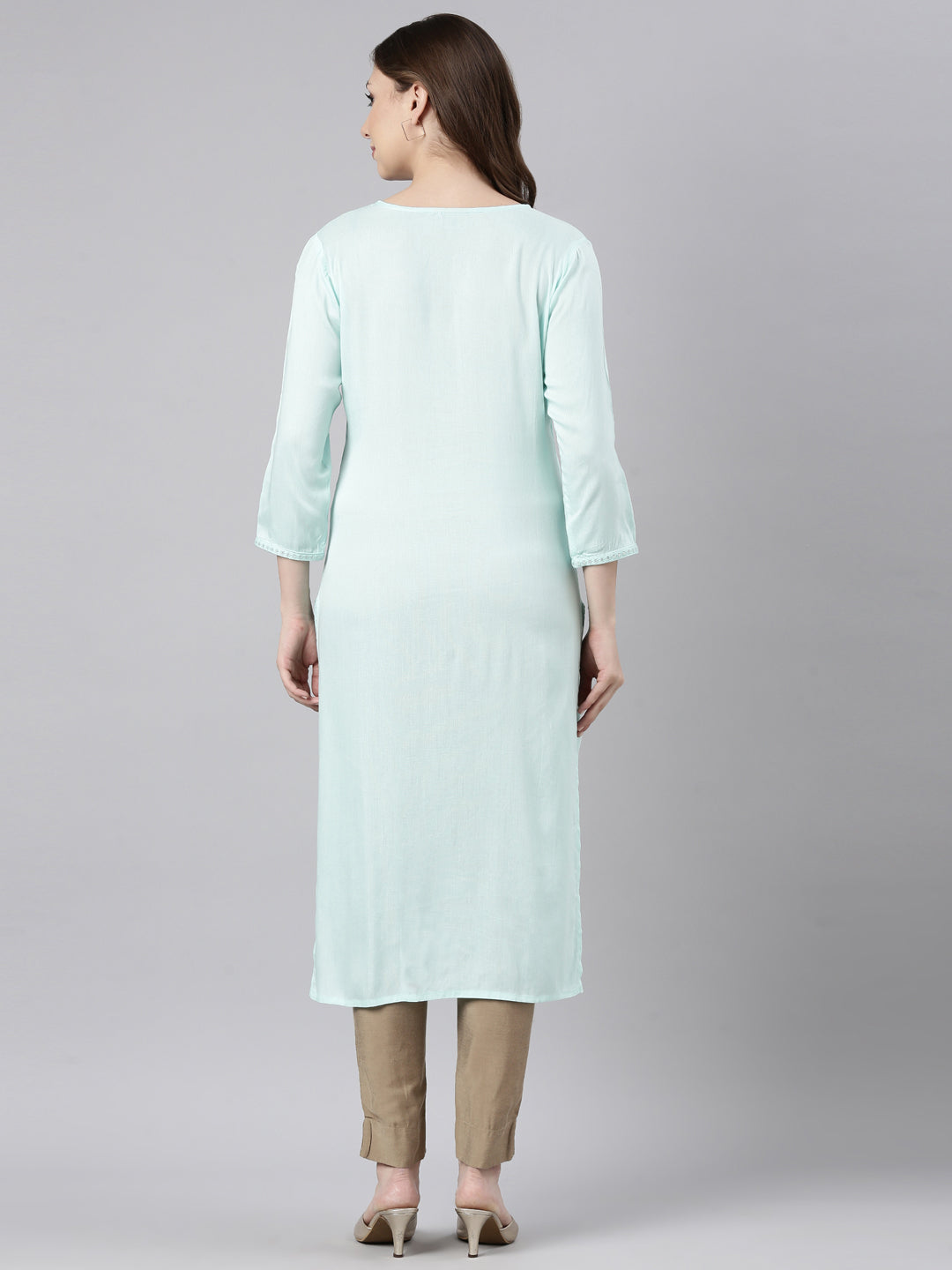 Neerus Sea Green Regular Straight Floral Kurtas