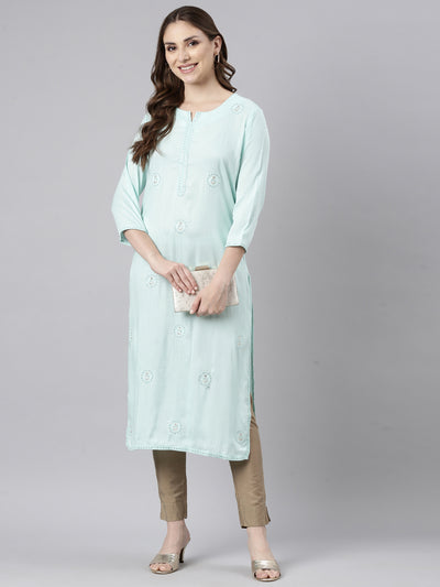 Neerus Sea Green Regular Straight Floral Kurtas