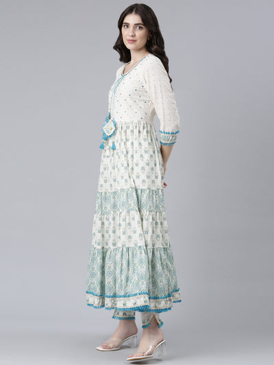 Neeru's Green Pleated Flared Printed Readymade suits