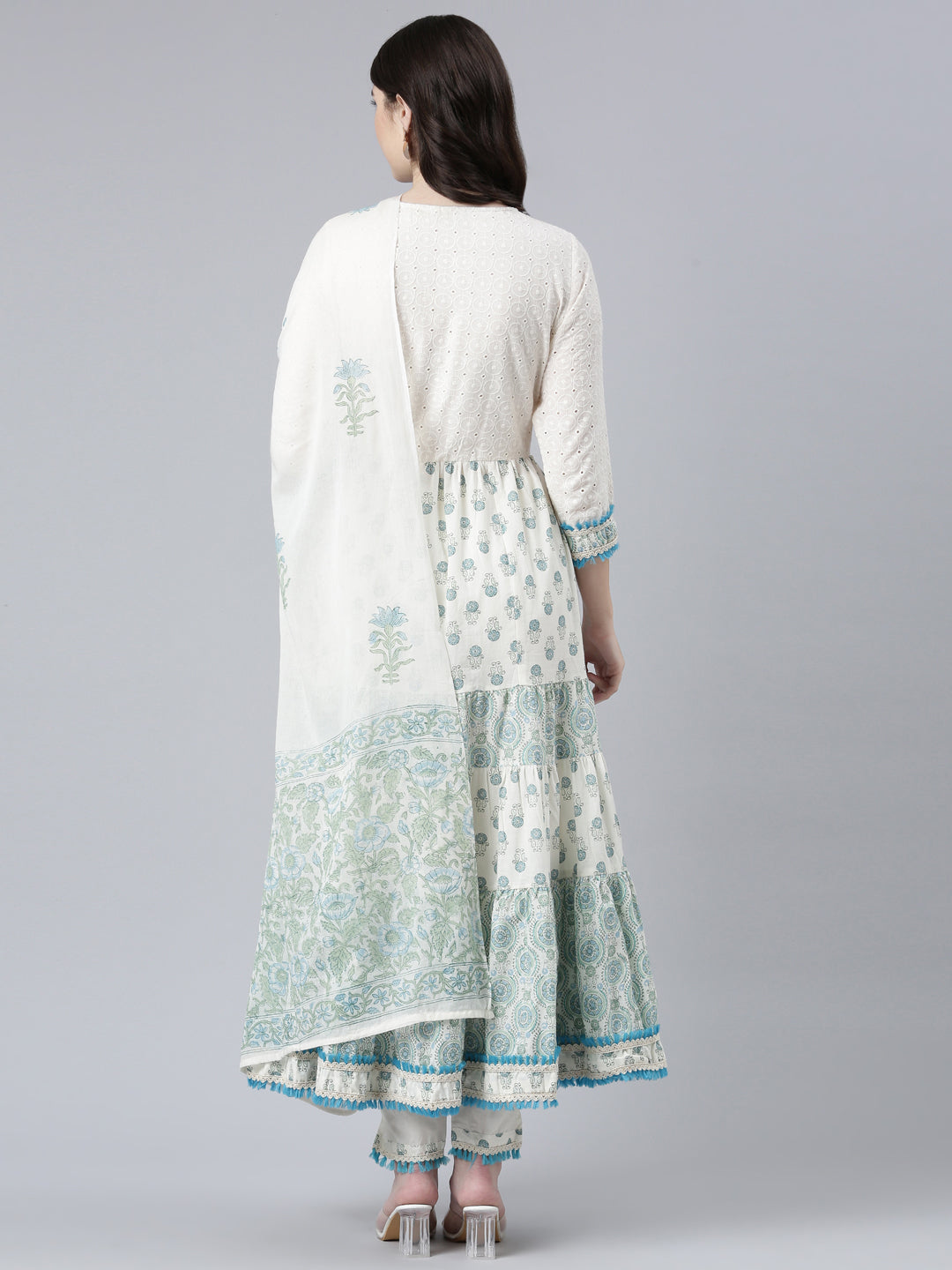 Neeru's Green Pleated Flared Printed Readymade suits