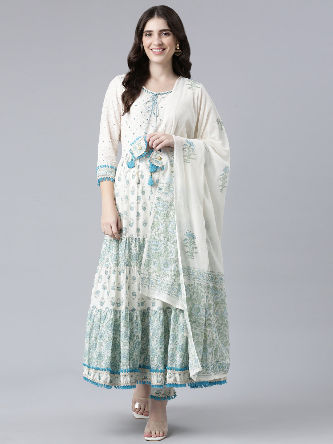 Neeru's Green Pleated Flared Printed Readymade suits