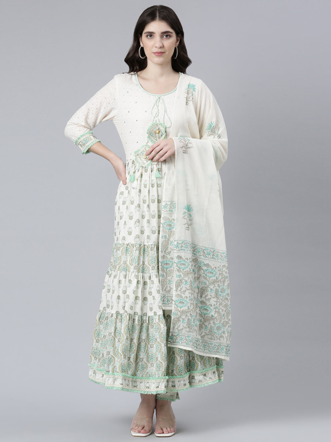 Neeru's Sea Green Pleated Flared Printed Kurta And Trousers With Dupatta