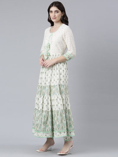 Neeru's Sea Green Pleated Flared Printed Kurta And Trousers With Dupatta