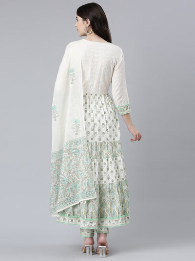 Neeru's Sea Green Pleated Flared Printed Kurta And Trousers With Dupatta