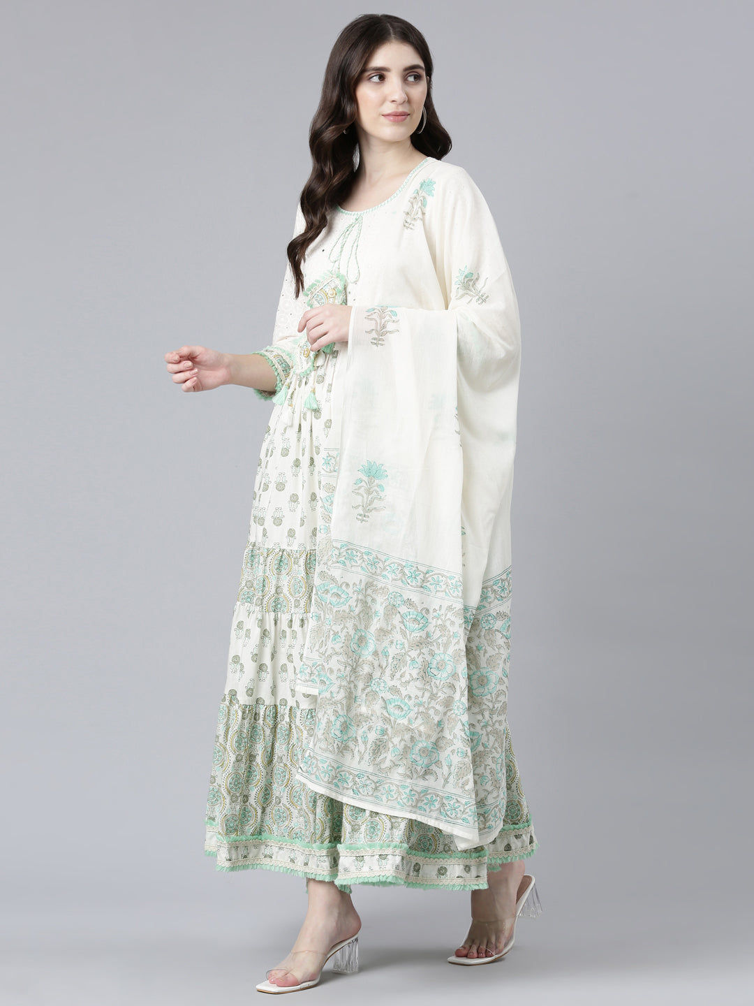 Neeru's Sea Green Pleated Flared Printed Kurta And Trousers With Dupatta