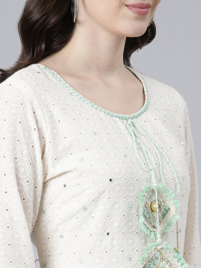 Neeru's Sea Green Pleated Flared Printed Kurta And Trousers With Dupatta