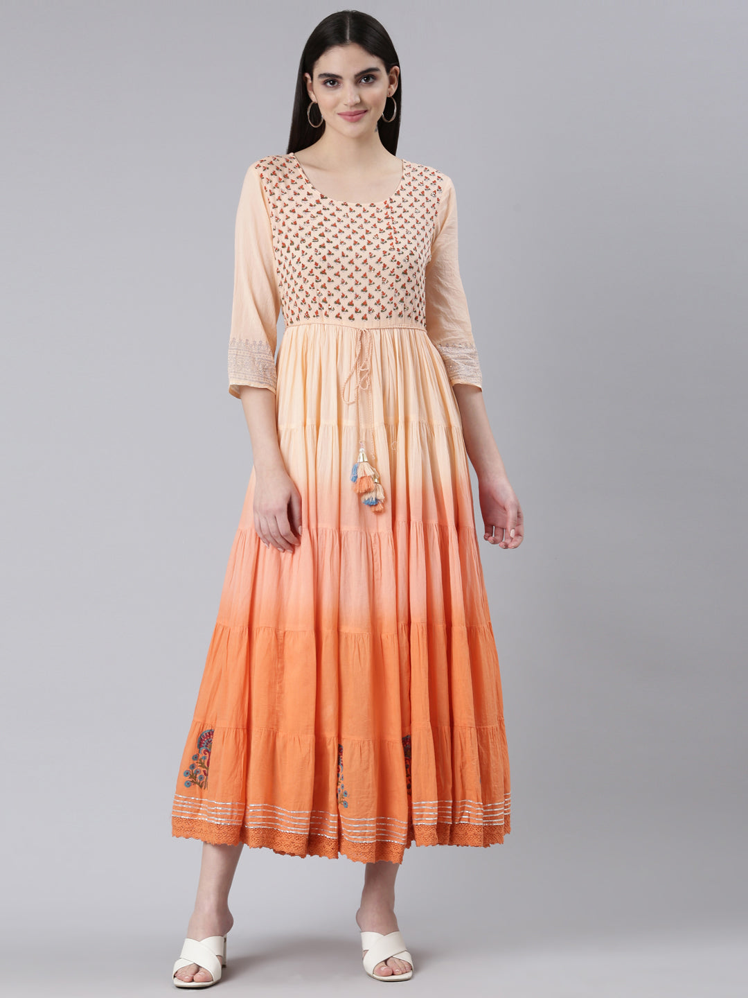 Neeru's Peach Flared Casual Printed Dress