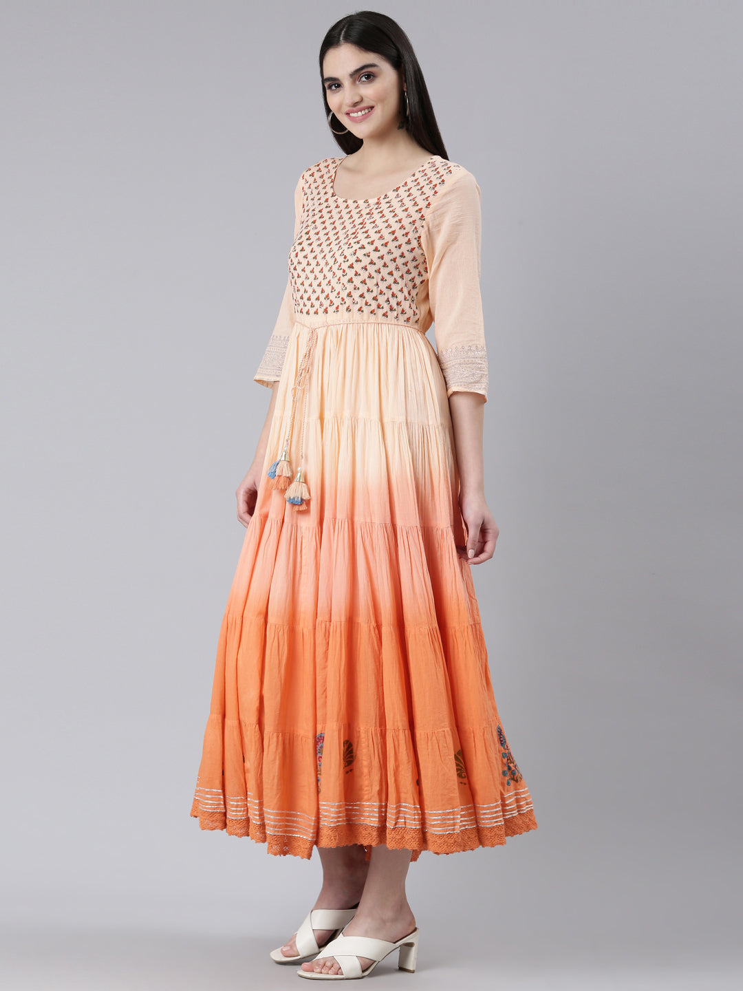 Neeru's Peach Flared Casual Printed Dress