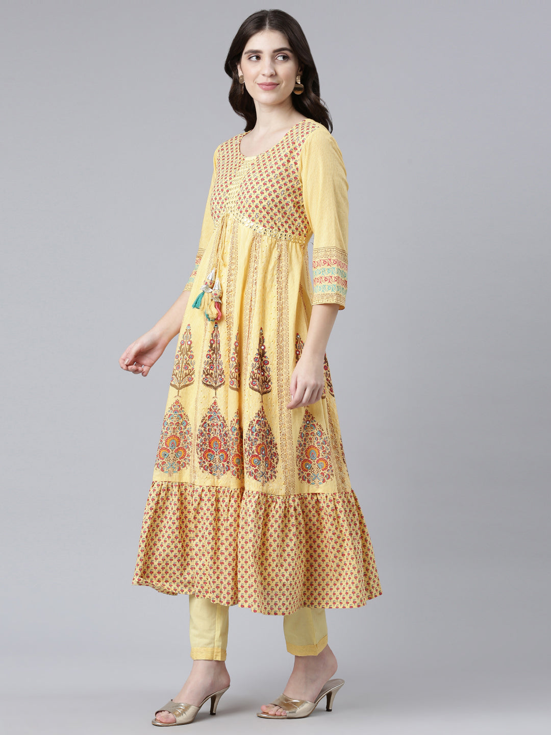 Neeru's Yellow Regular Flared Printed Kurta And Trousers With Dupatta