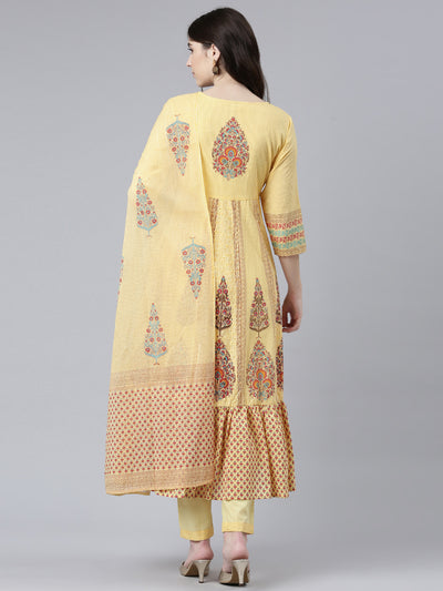 Neeru's Yellow Regular Flared Printed Kurta And Trousers With Dupatta